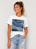 Women's White Mint Marble Print T-Shirt Crew Neck Rolled Short Sleeve Casual Loose Graphic Tee