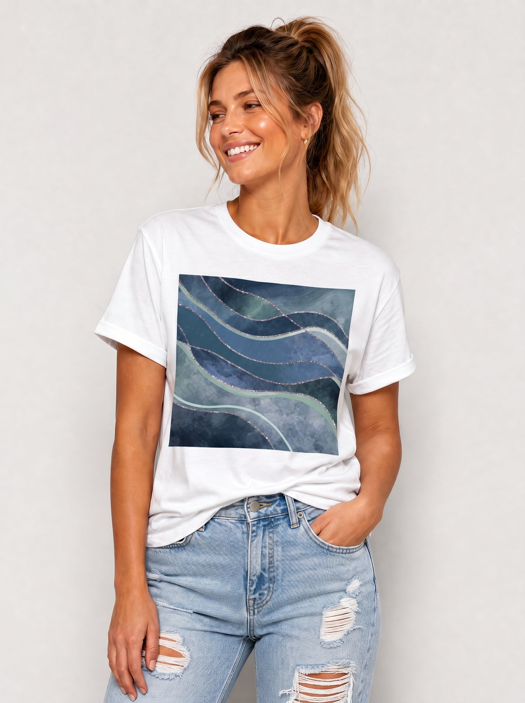 Women's White Mint Marble Print T-Shirt Crew Neck Rolled Short Sleeve Casual Loose Graphic Tee