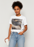 Women's White Brown Marble Graphic Tee Crew Neck Rolled Short Sleeve Casual Loose T-Shirt
