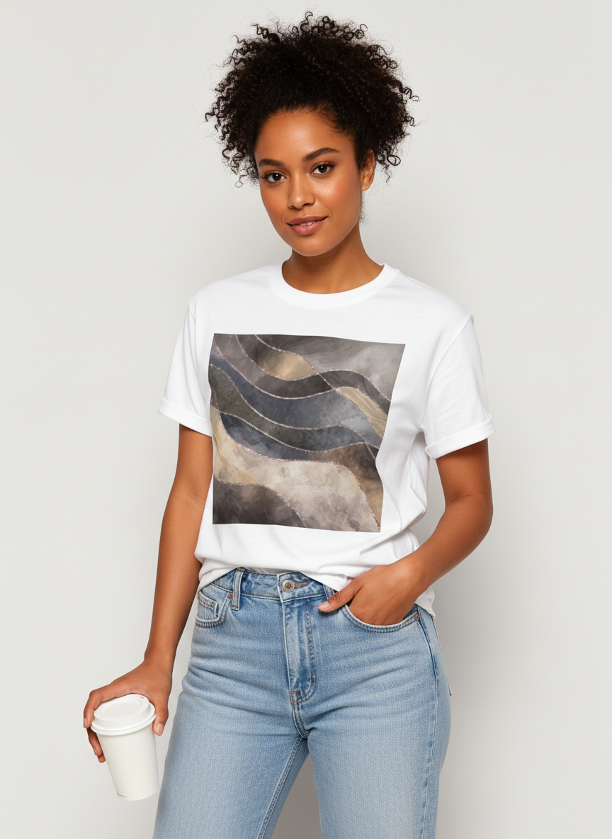 Women's White Brown Marble Graphic Tee Crew Neck Rolled Short Sleeve Casual Loose T-Shirt