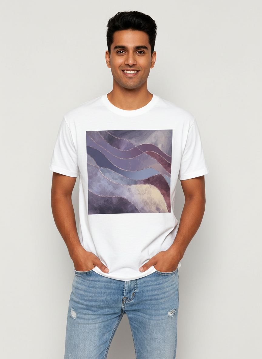 Women's White Purple Marble Print T-Shirt Crew Neck Rolled Short Sleeve Casual Loose Graphic Tee