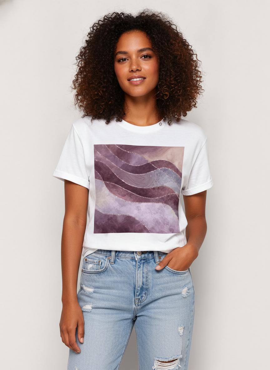 Women's White Gray Purple Marble Tee Crew Neck Rolled Short Sleeve Casual Loose Graphic T-Shirt