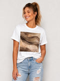 Women's White Coffee Marble Print Tee Crew Neck Rolled Short Sleeve Casual Loose Graphic T-Shirt