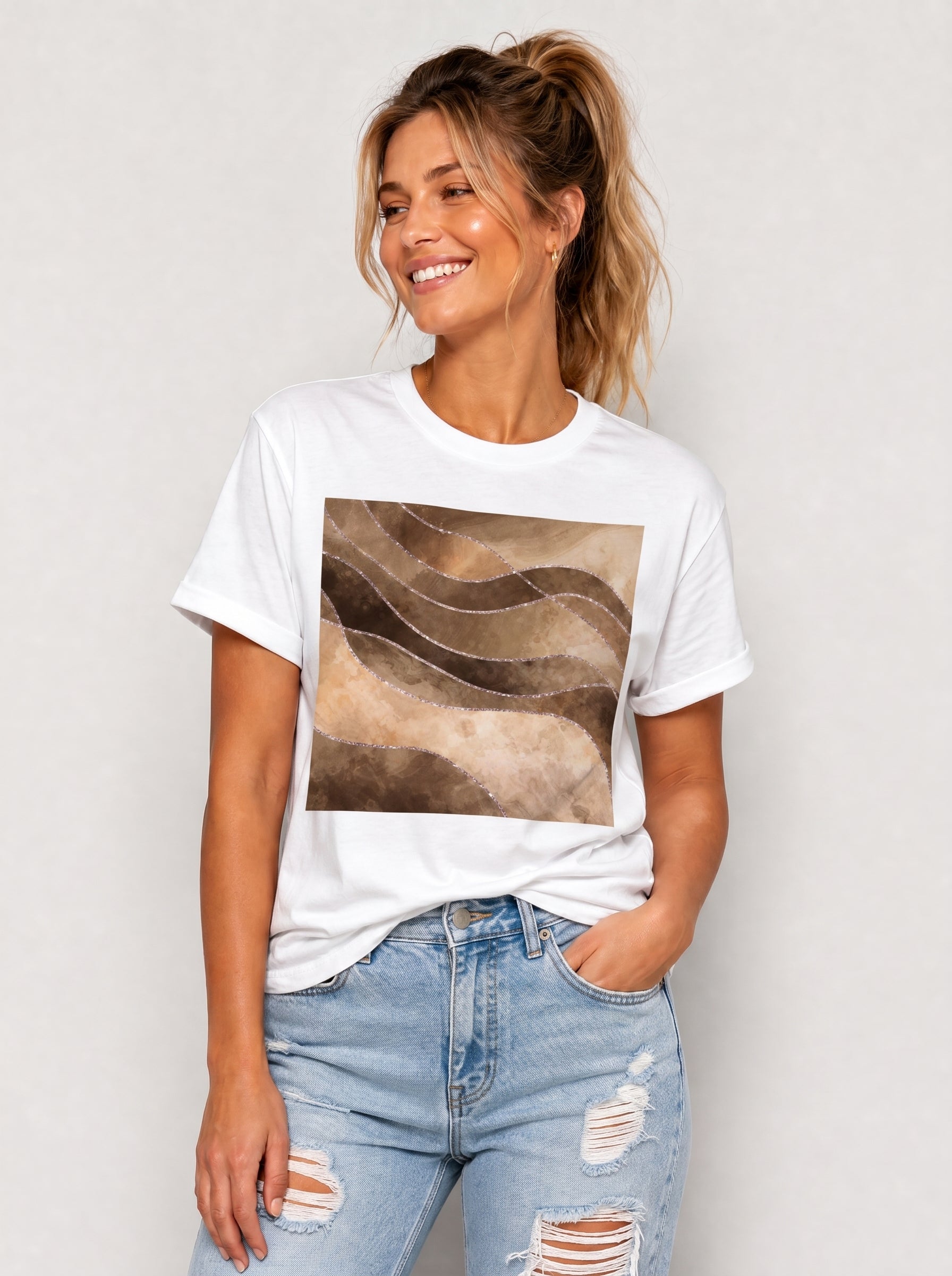 Women's White Coffee Marble Print Tee Crew Neck Rolled Short Sleeve Casual Loose Graphic T-Shirt