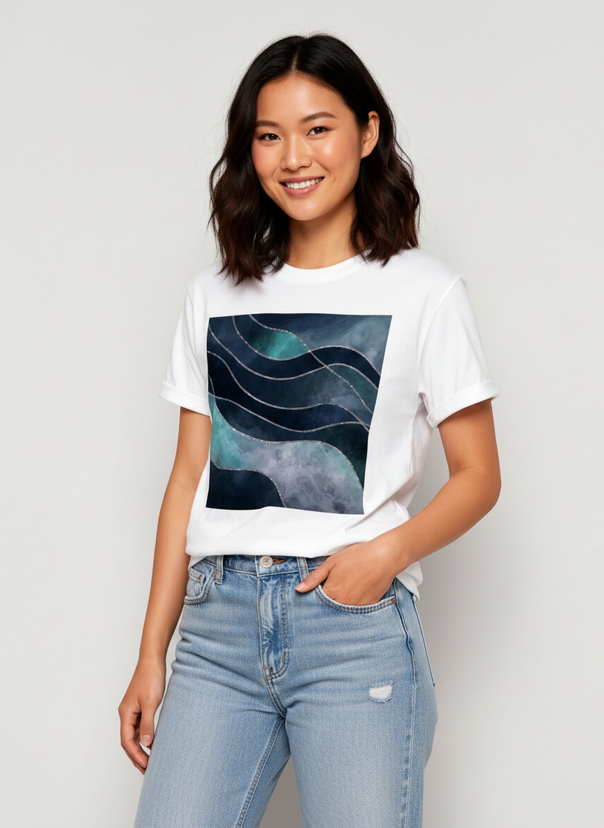 Women's White Blue Green Marble Tee Crew Neck Rolled Short Sleeve Casual Loose Graphic T-Shirt