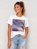 Women's White Purple Marble Print T-Shirt Crew Neck Rolled Short Sleeve Casual Loose Graphic Tee