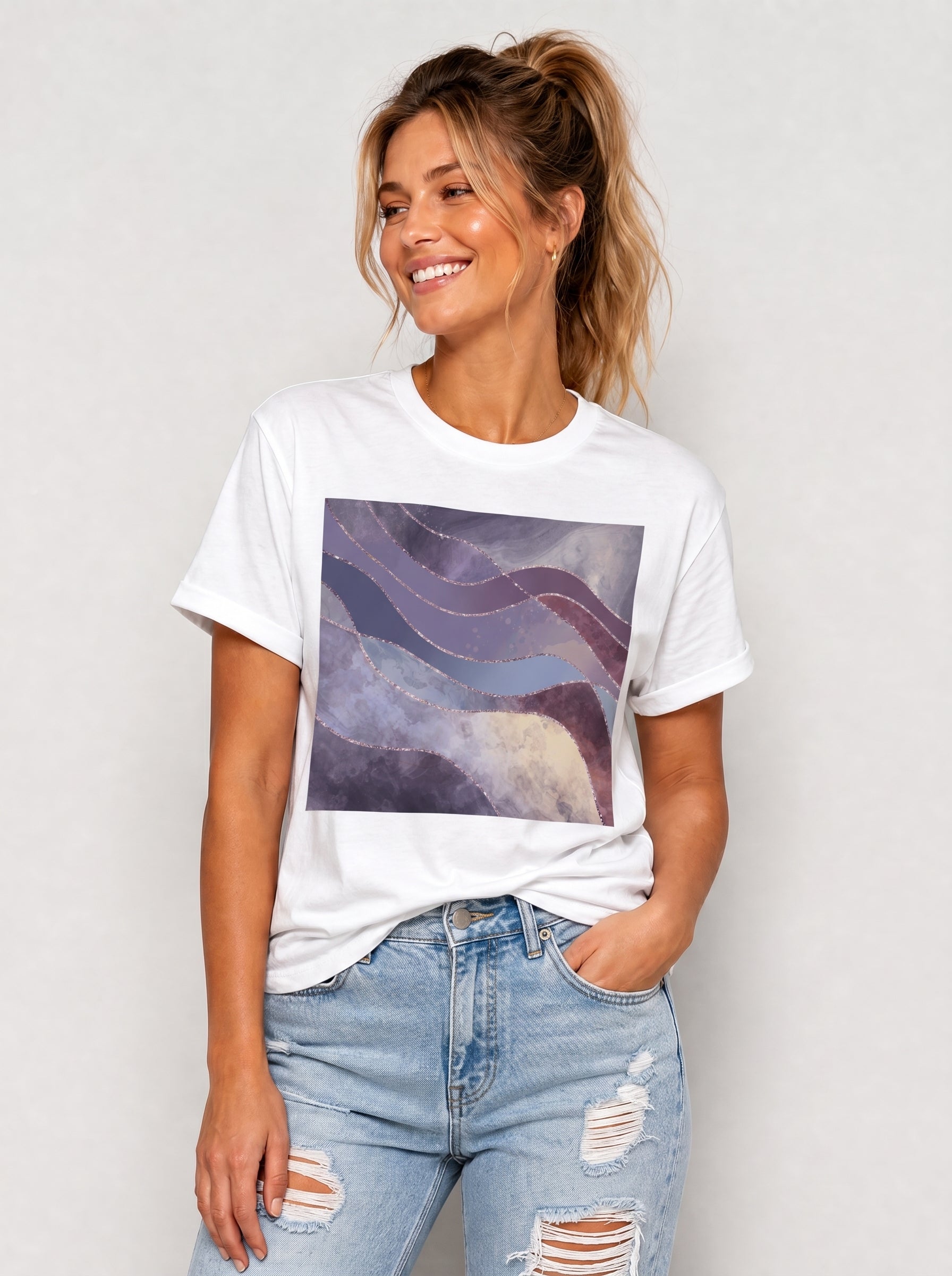 Women's White Purple Marble Print T-Shirt Crew Neck Rolled Short Sleeve Casual Loose Graphic Tee