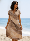 Women¡¯s Short Sleeve Midi Dress V Neck Collared Flowy Summer Beach Vacation Dress, Taupe