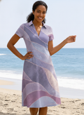 Women’s Short Sleeve Midi Dress V Neck Collared Flowy Summer Beach Vacation Dress, Lilac