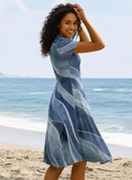 Women’s Short Sleeve Midi Dress V Neck Collared Flowy Summer Beach Vacation Dress, Blue