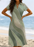 Women’s Short Sleeve Midi Dress V Neck Collared Flowy Summer Beach Vacation Dress, Sage Green