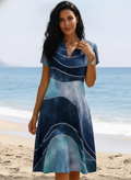 Women’s Short Sleeve Midi Dress V Neck Collared Flowy Summer Beach Vacation Dress, Navy Blue