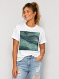 Women's White Dark Green Marble Print Tee Crew Neck Rolled Short Sleeve Casual Loose Graphic T-Shirt