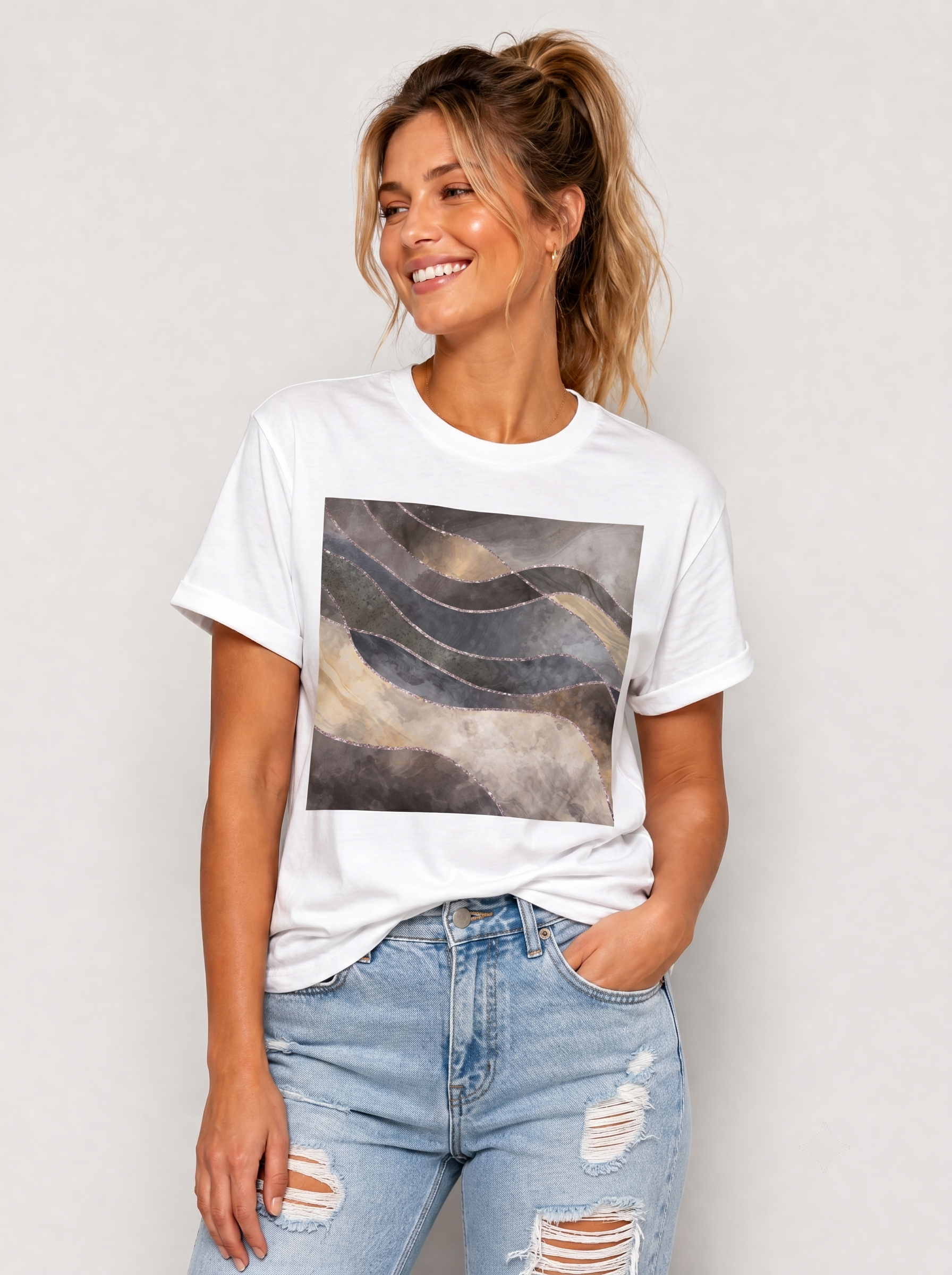 Women's White Brown Marble Graphic Tee Crew Neck Rolled Short Sleeve Casual Loose T-Shirt