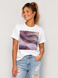 Women's White Gray Purple Marble Tee Crew Neck Rolled Short Sleeve Casual Loose Graphic T-Shirt