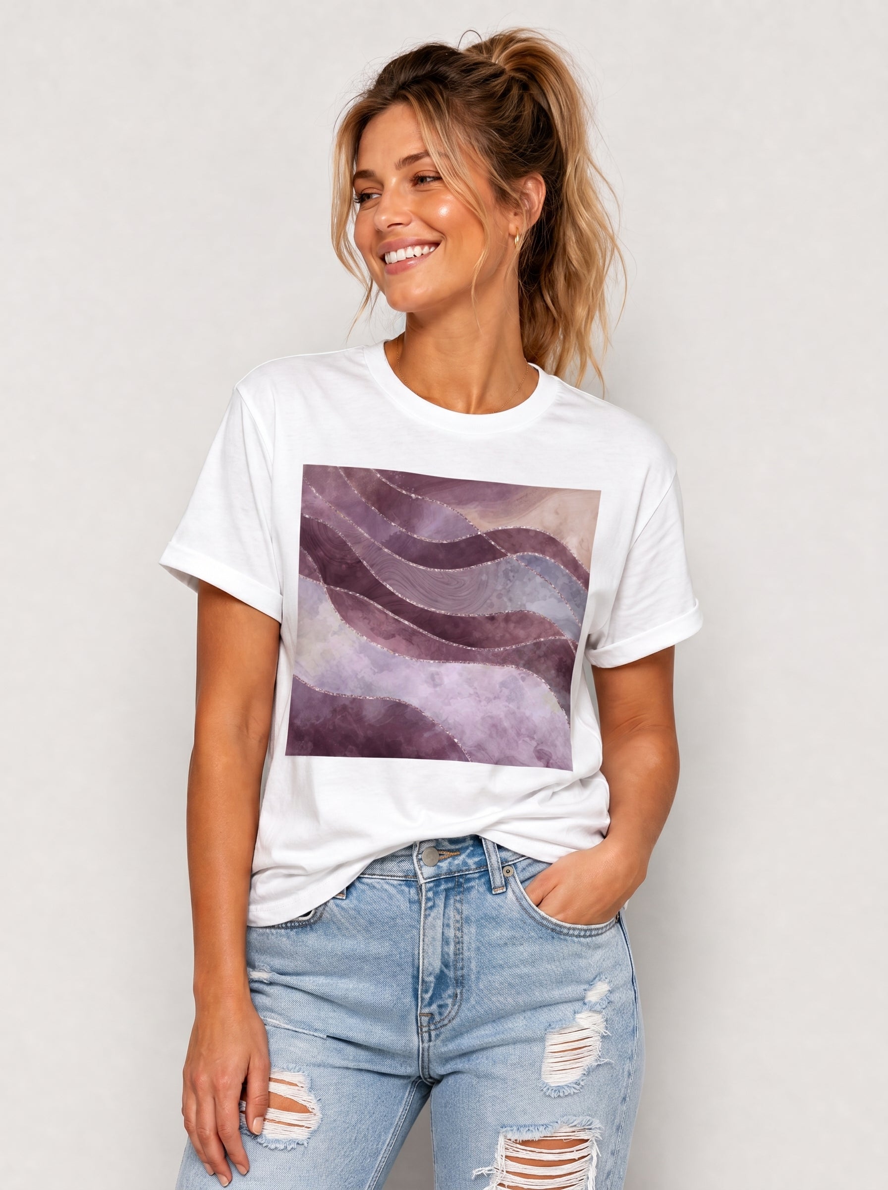 Women's White Gray Purple Marble Tee Crew Neck Rolled Short Sleeve Casual Loose Graphic T-Shirt