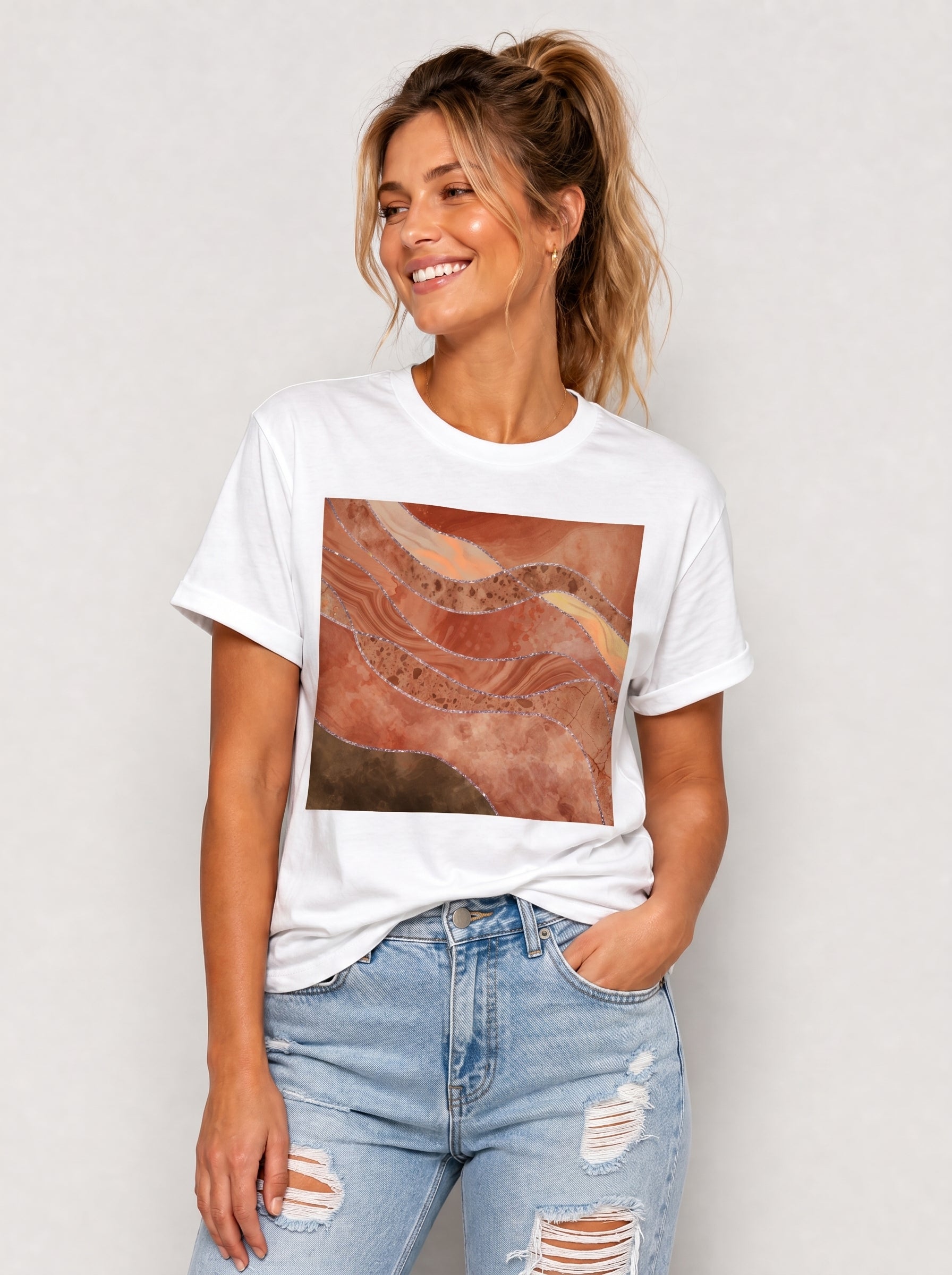 Women's White Red Brown Marble Tee Crew Neck Rolled Short Sleeve Casual Loose Graphic T-Shirt