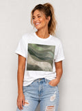 Women's White Green Marble Graphic T-Shirt Crew Neck Rolled Short Sleeve Casual Loose Tee