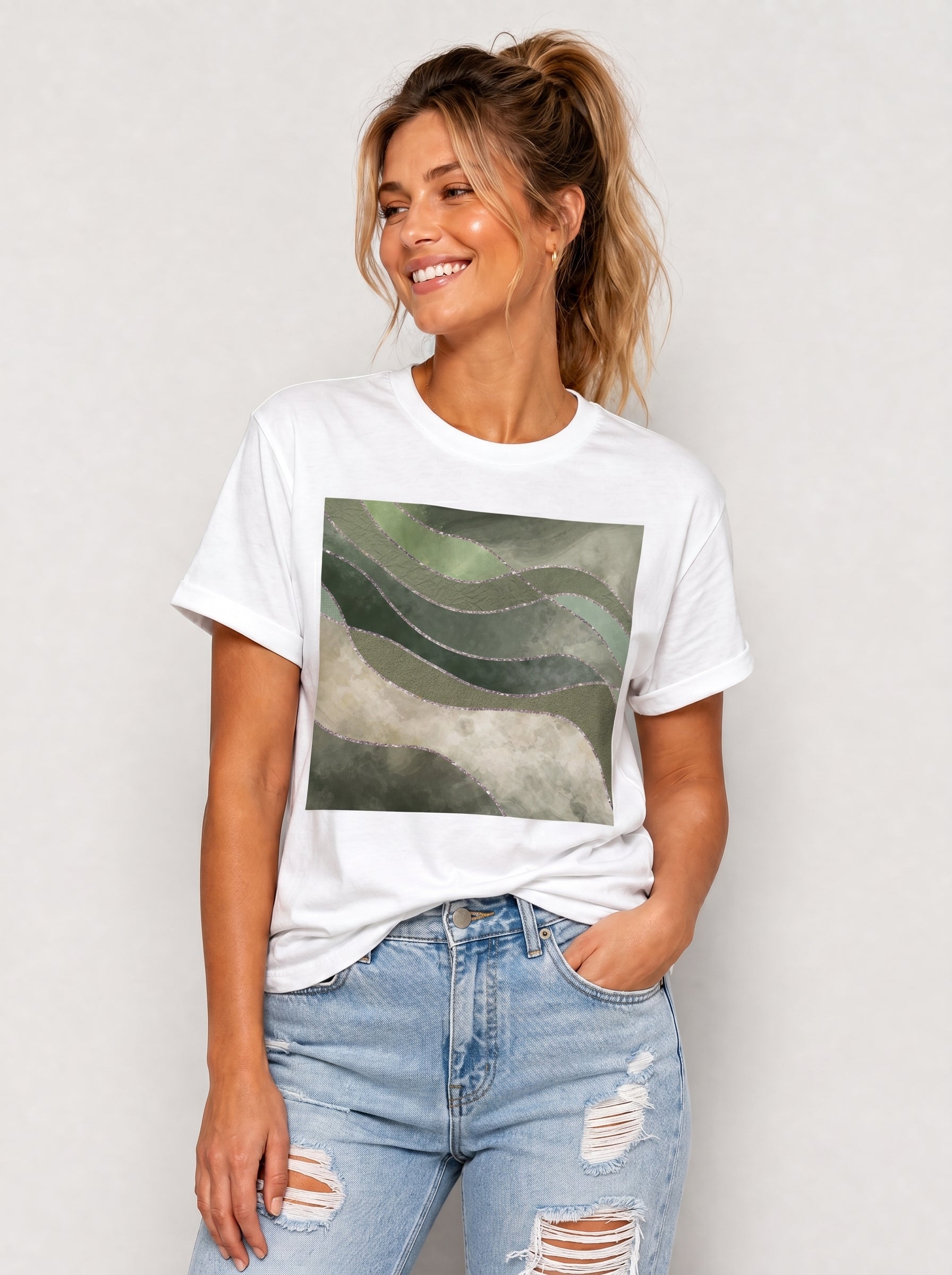Women's White Green Marble Graphic T-Shirt Crew Neck Rolled Short Sleeve Casual Loose Tee