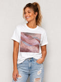 Women's White Pink Marble Graphic T-Shirt Crew Neck Rolled Short Sleeve Casual Loose Tee