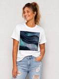 Women's White Blue Green Marble Tee Crew Neck Rolled Short Sleeve Casual Loose Graphic T-Shirt