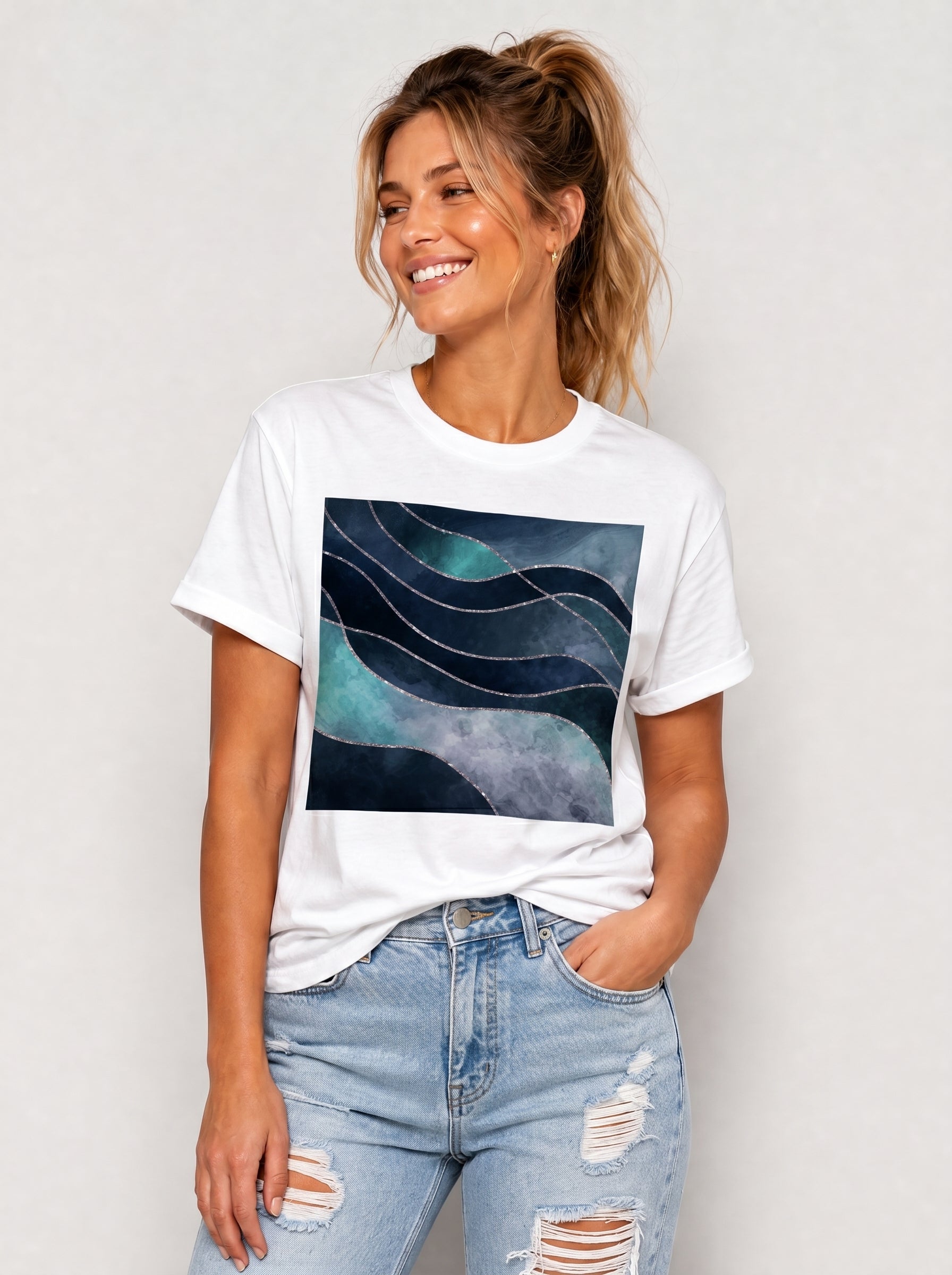 Women's White Blue Green Marble Tee Crew Neck Rolled Short Sleeve Casual Loose Graphic T-Shirt